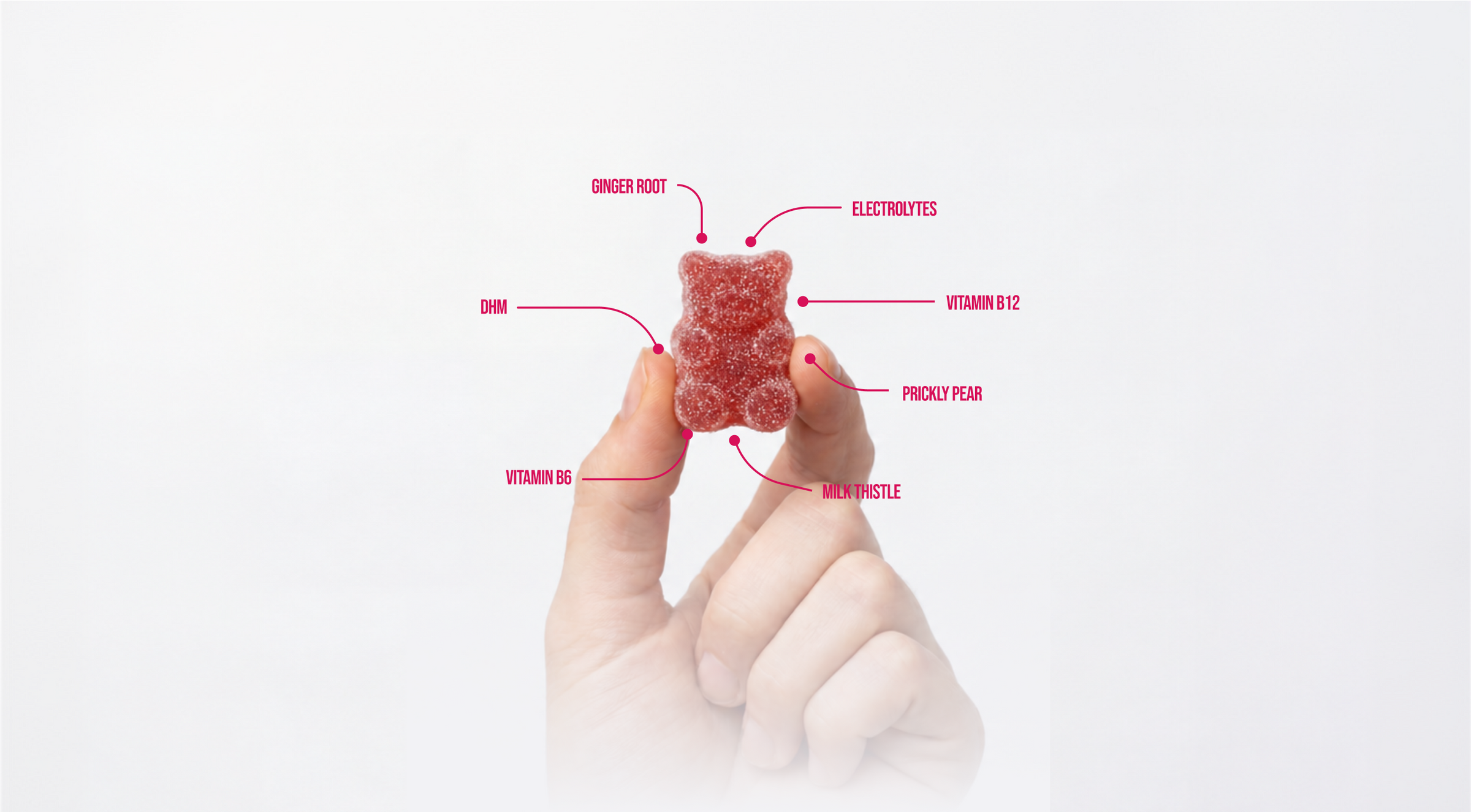 Hand holding a red gummy bear with ingredient callouts